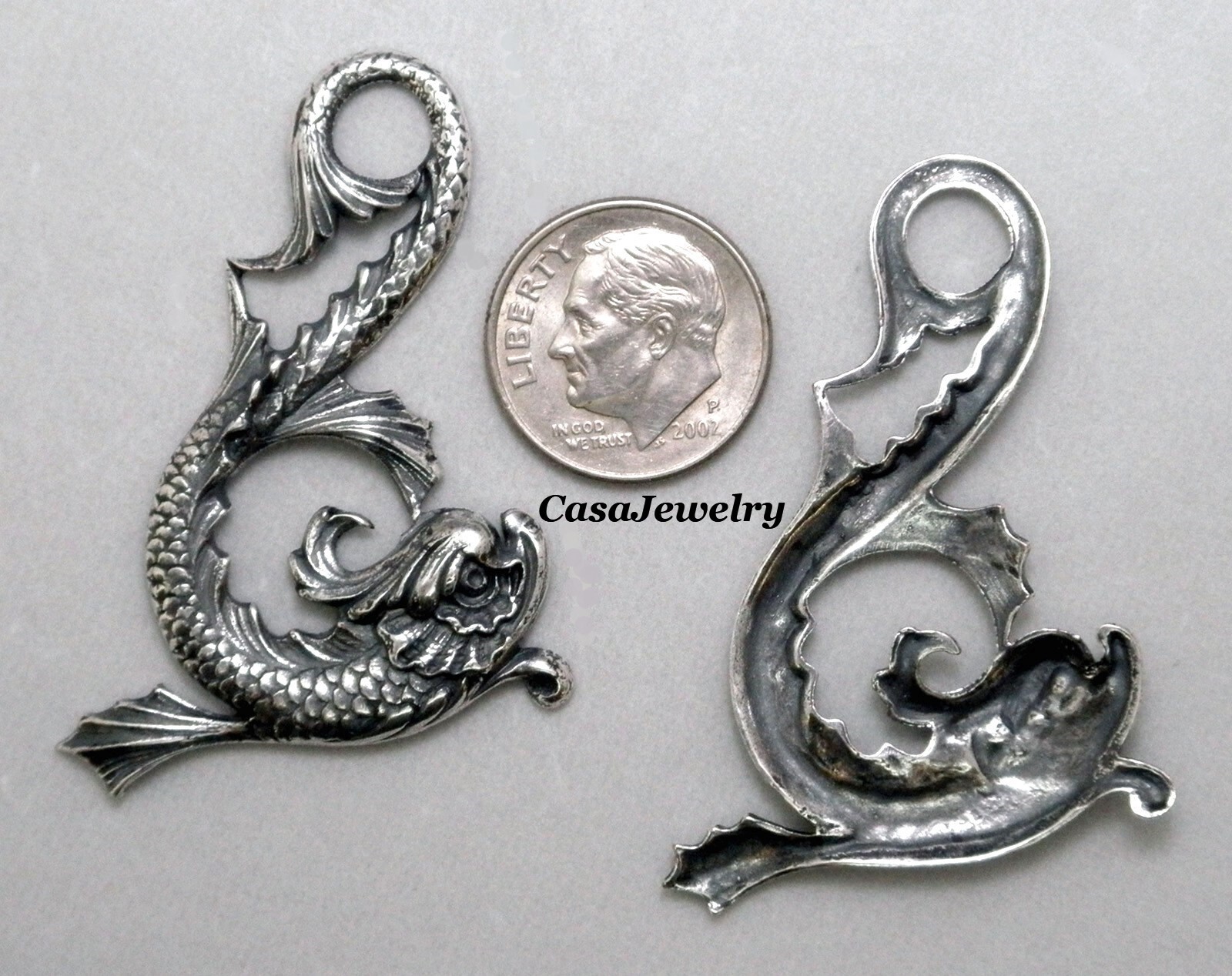 #2167 ANTIQUED STERLING SILVER PLATED ANCIENT DOLPHIN L+R’s – 2 Pc Lot (1 Pr)