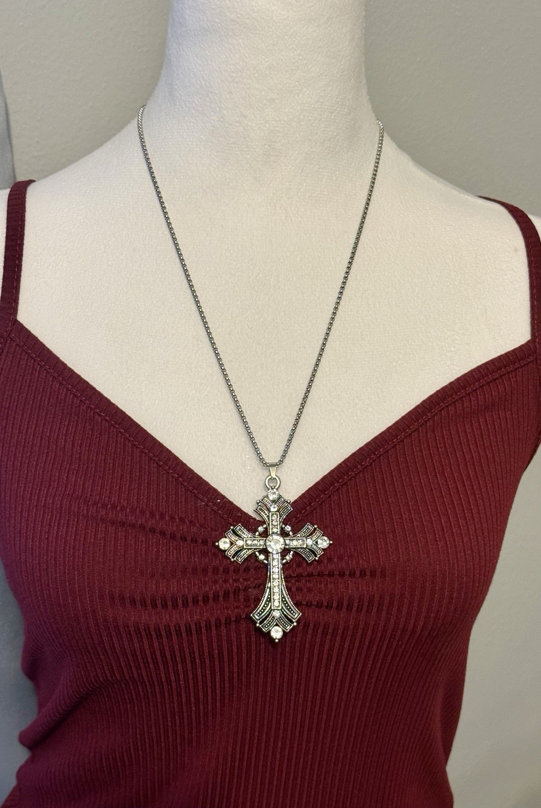 Silver Tone Cross Necklace Chain Religious Gothic Grunch Whimsgoth Victorian