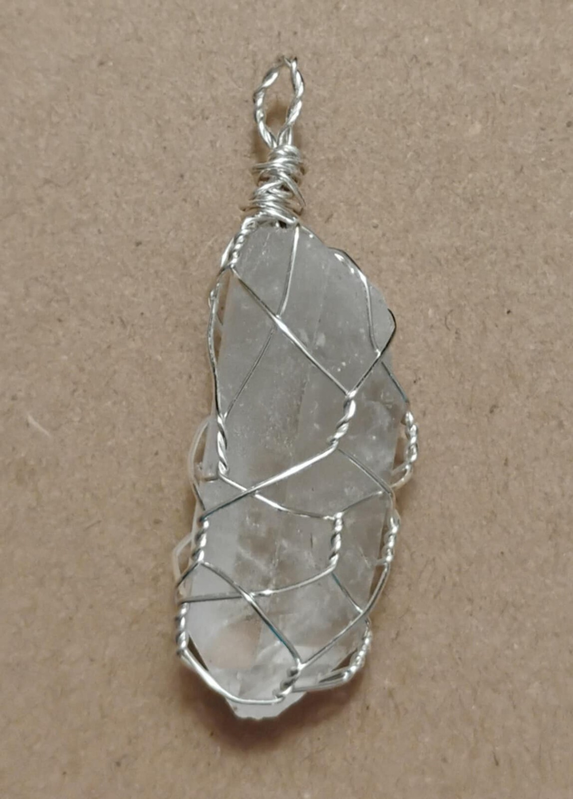 Natural Clear Quartz Crystal Point Pendant Hand-wrapped in Silver-coated Wire