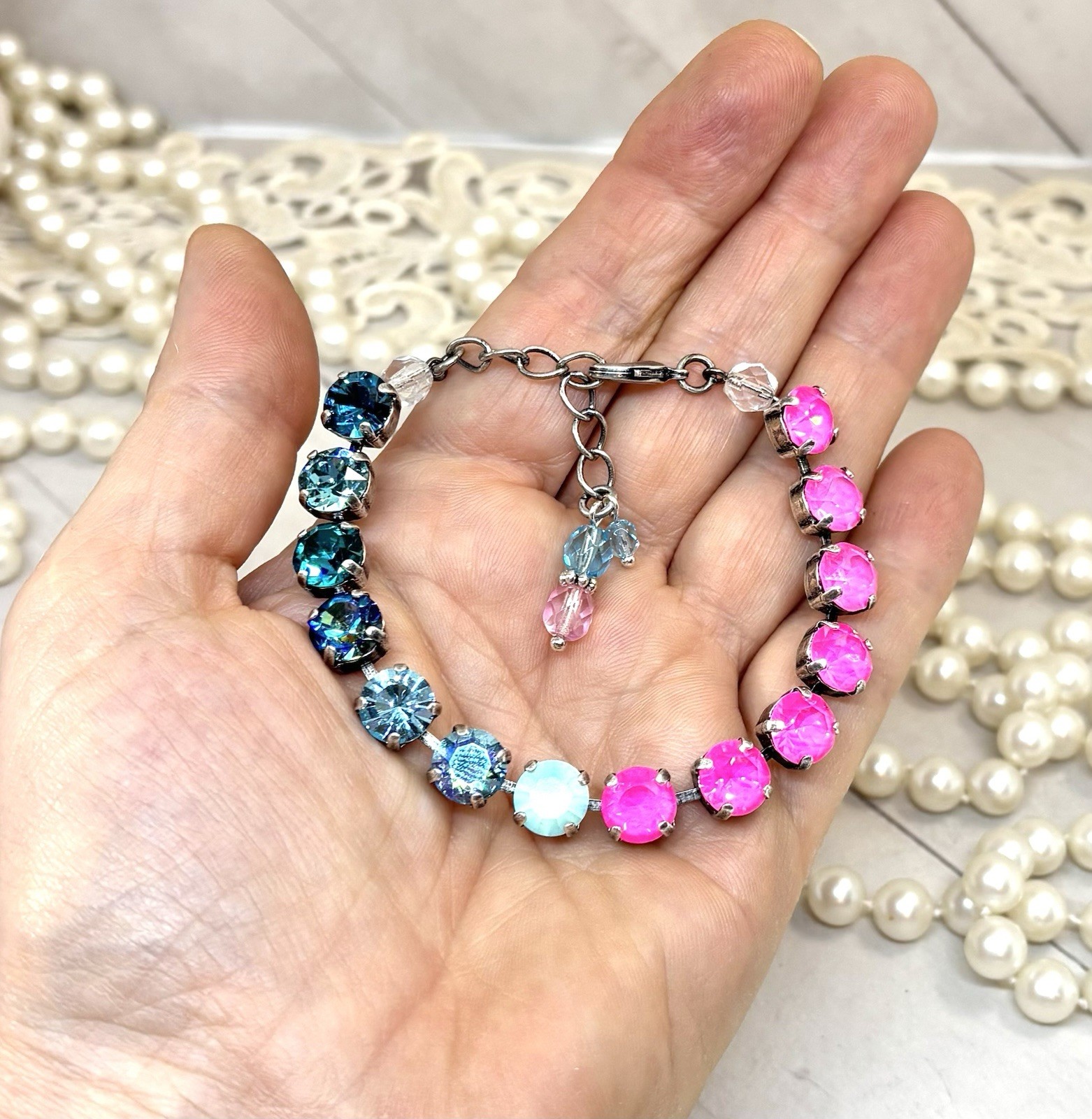 Neon Pink Delite And Teal Swarovski Crystal Cup Chain Tennis Bracelet