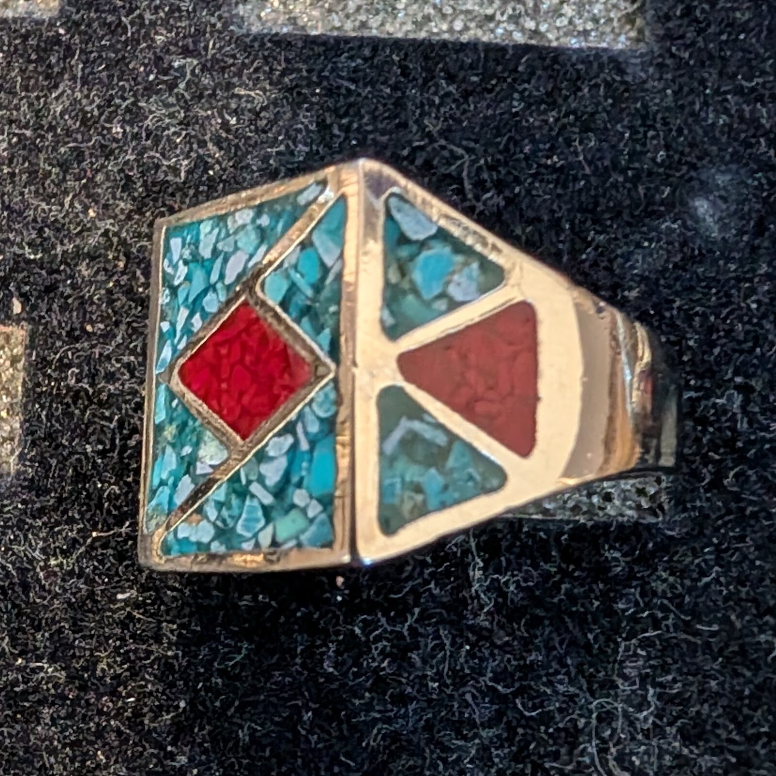 Vintage Turq. & Coral Design Nickle Silver Men’s Rings Size 9 Resin Filled