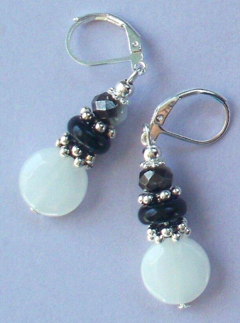 WHITE jadeite BLACK glass pearl earring SP LEVERBACK artisan #450-5