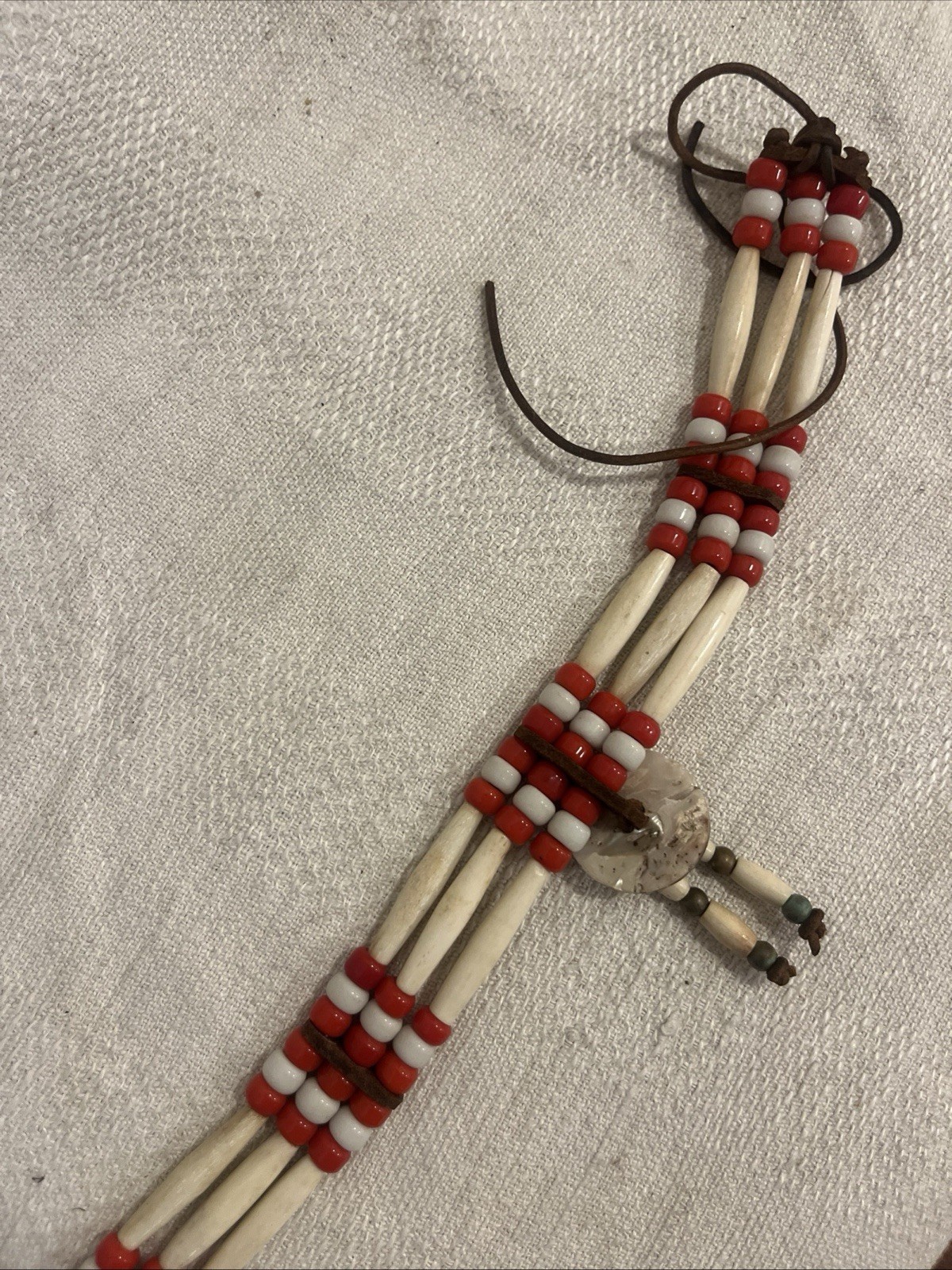 Vintage Native American Bone ?Abalone Leather Choker Necklace mother of pearl