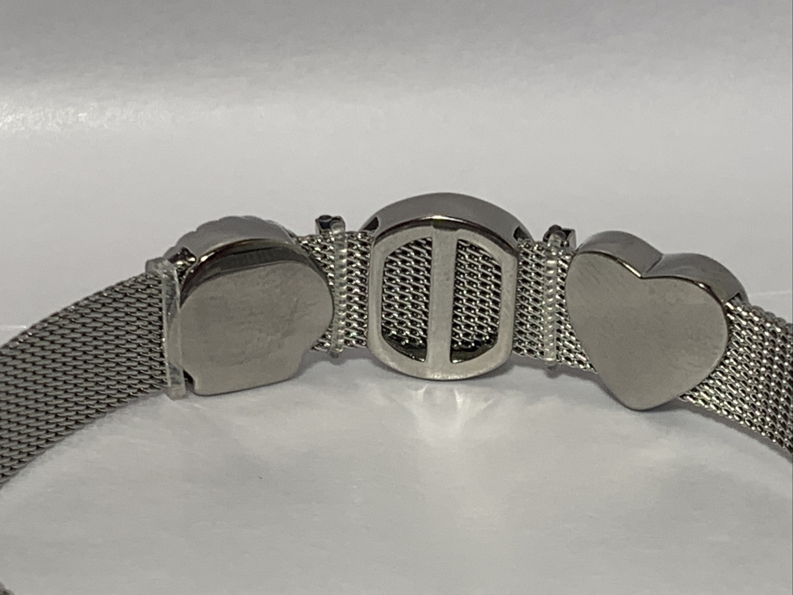 Silver Tone Stainless Steel Mesh Charm Bracelet Buckled Band with 3 charms
