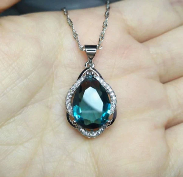 3 Ct Pear Cut London Blue Topaz Halo Pendant 14k White Gold Finish Free Chain