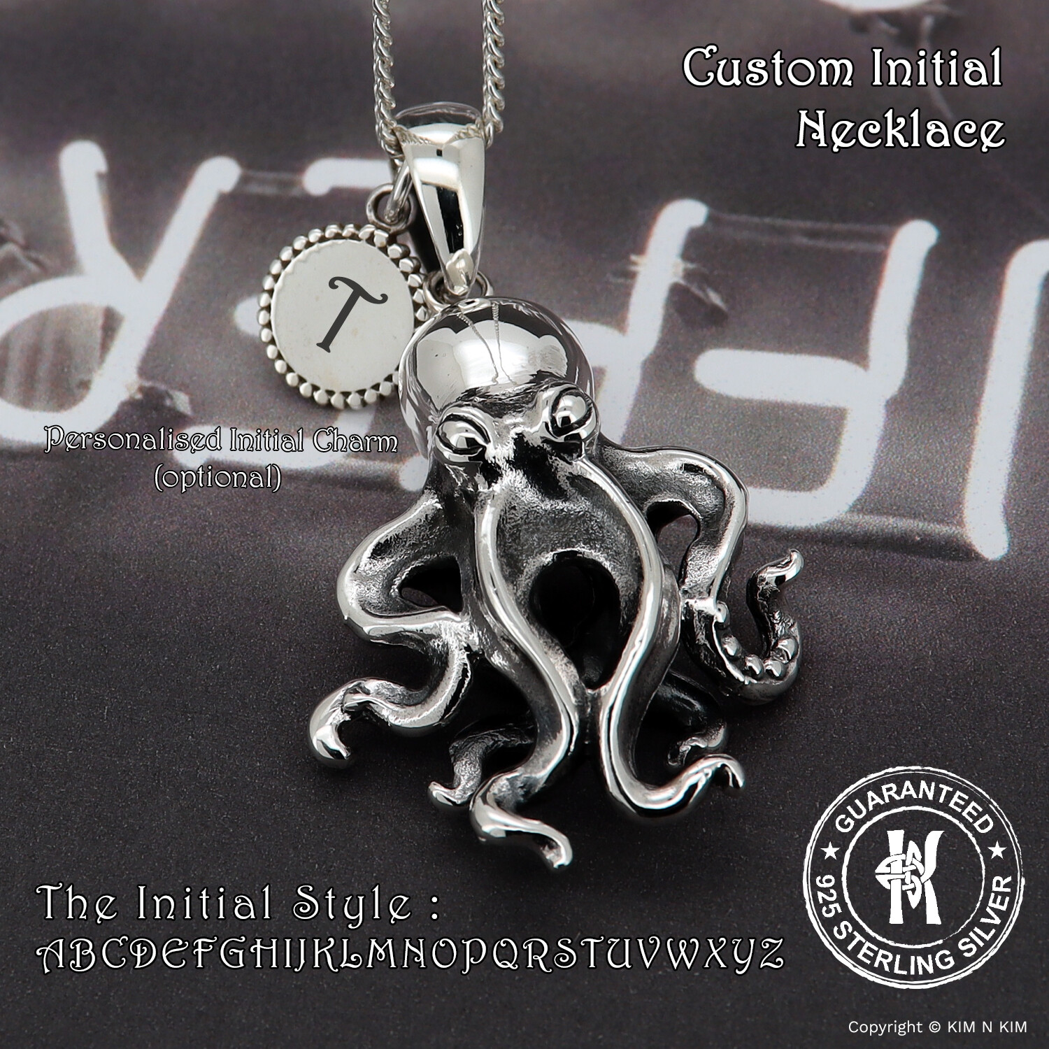 Octopus with Initial Charm Pendant Necklace✔️Free Engraving✔️Solid 925 Silver