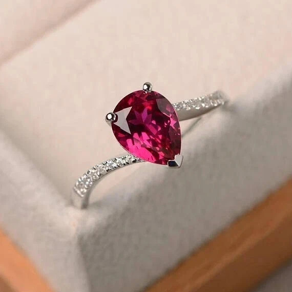2.82 Ct Pear Cut Natural Ruby Diamond Wedding Ring 14K White Gold