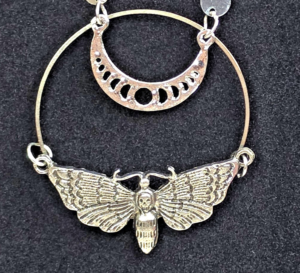 Moth & Crescent Moon Pendant 24″ Adjustable Necklace, Cable Chain Lobster