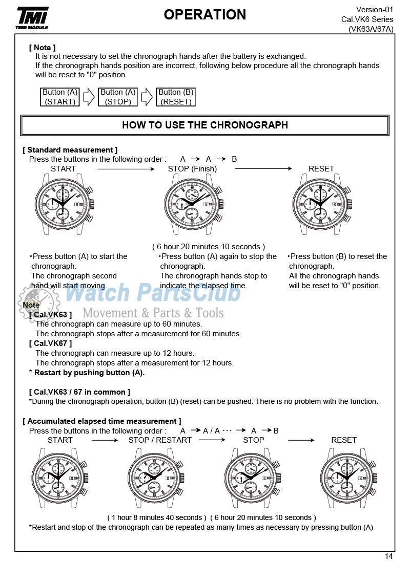 Japan VK63A Quartz Movement 24-Hour Date 3 o’clock Chronograph Watch Movement