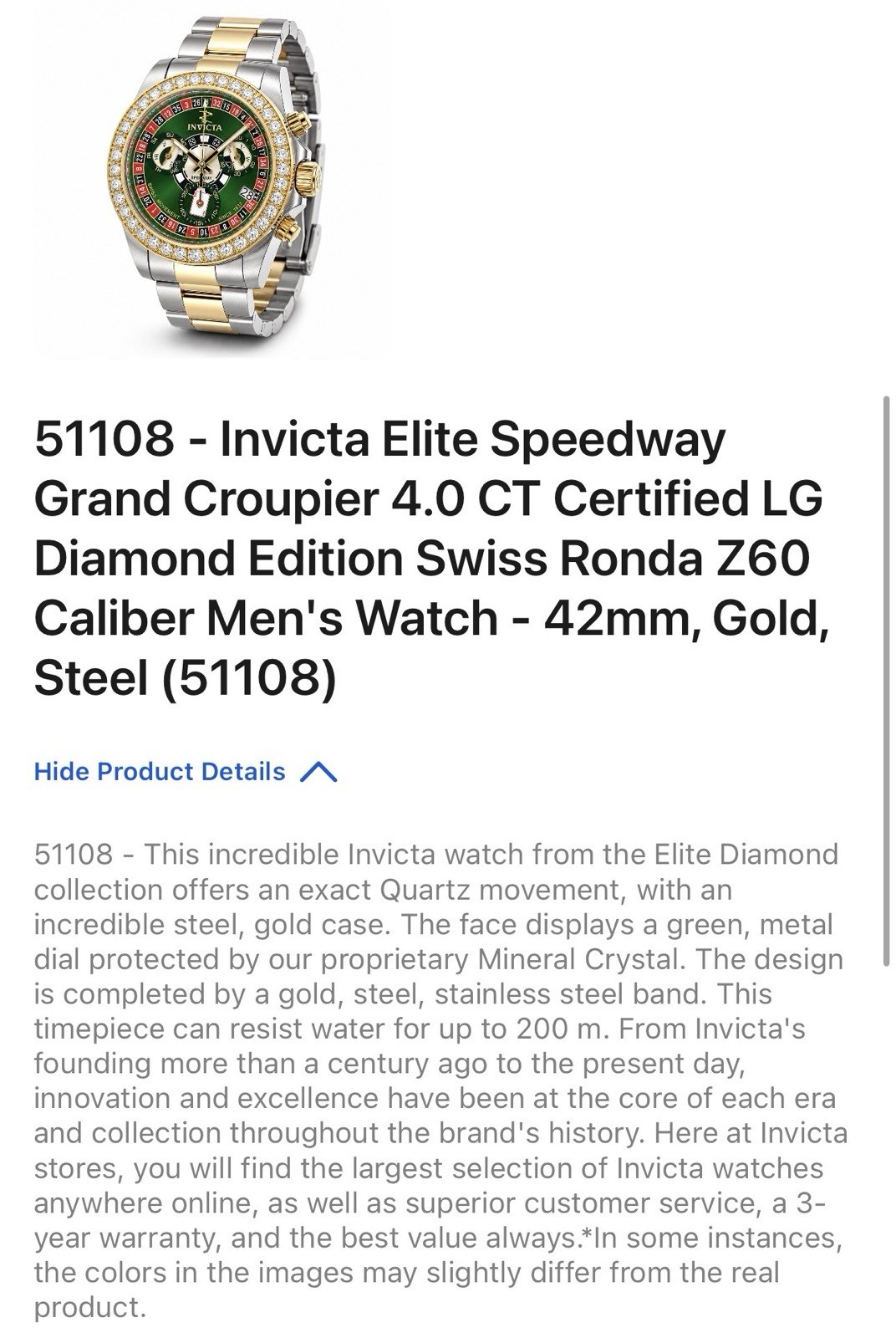 🔥Invicta Elite Speedway 4.0 CT Certified LG Diamonds Casino Swiss Mvmt 51108