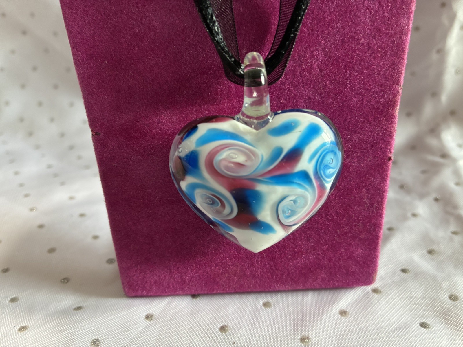 Murano Glass Style Heart White Blue Pink -Black Cord Ribbon Necklace 40cm Length