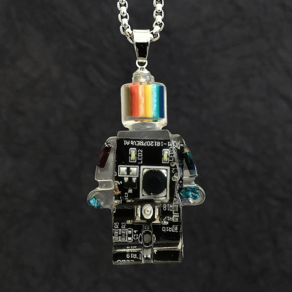 Upcycle Electronic Waste Resin Minifigure Robot Pendant Necklace Black Fun Gift