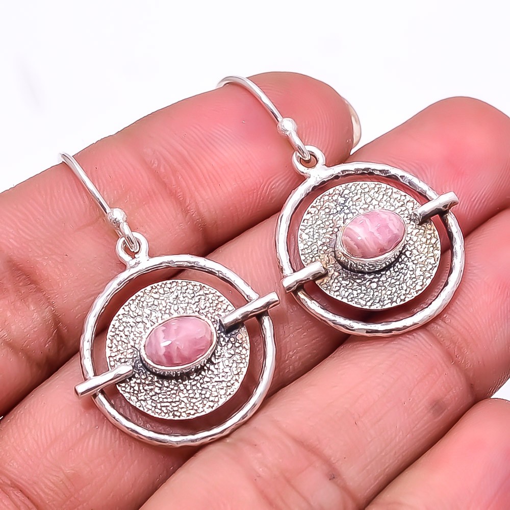 Rhodochrosite – Argentina Designer 925 Sterling Silver Handmade Earring 1.56″ E3