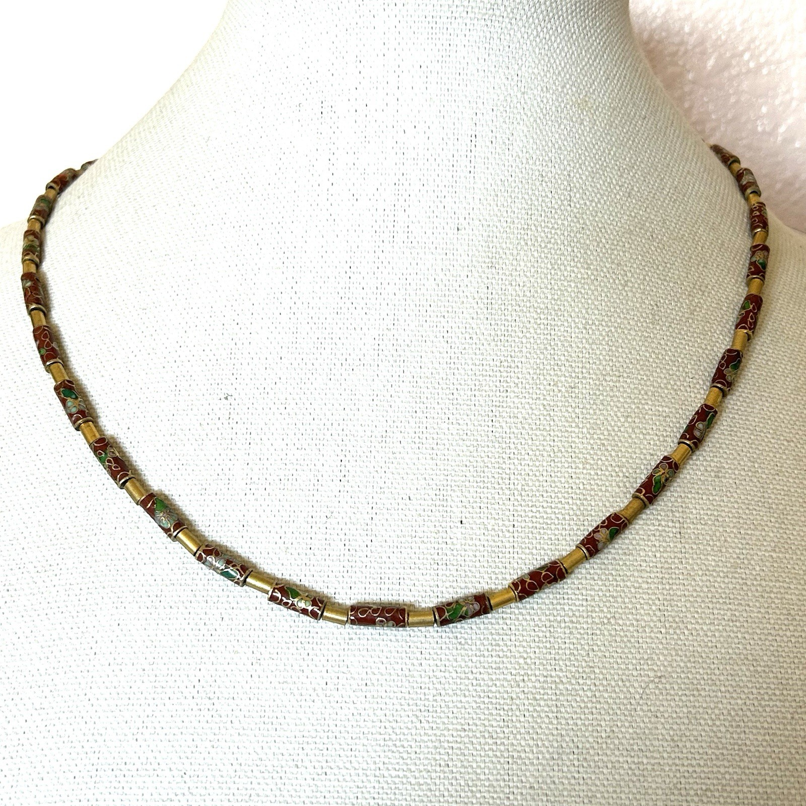 Vintage Chinese Export Cloisonne Enamel Tube Bead Necklace Red Gold Tone 22”