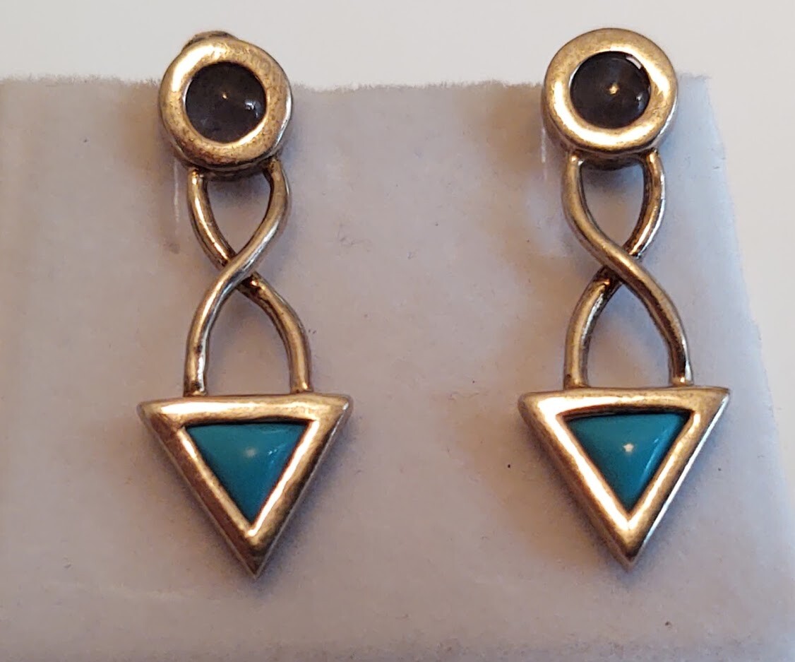 REAL STERLING SILVER Turquoise Triangles Stud Dangle Earrings ((C47))
