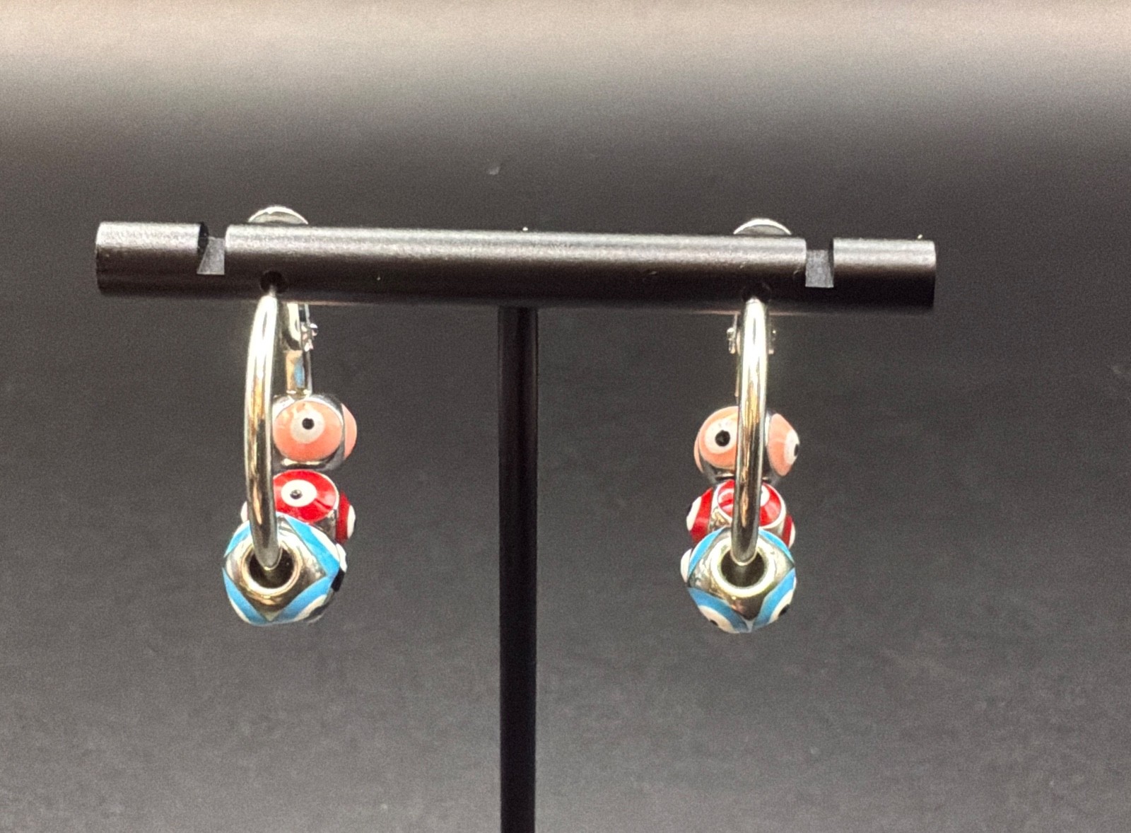 Blue, Black & Red Eye Bead, Stainless Steel Hoop Earrings