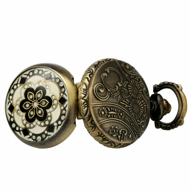 Mini Bronze Flower Case Quartz Pocket Watch Gift for Women 80CM Necklace Chain