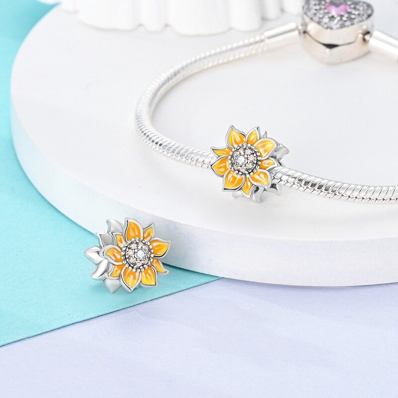 MULA European Silver Plated Charm CZ Enamel Cream Sunflower For Women Bracelet