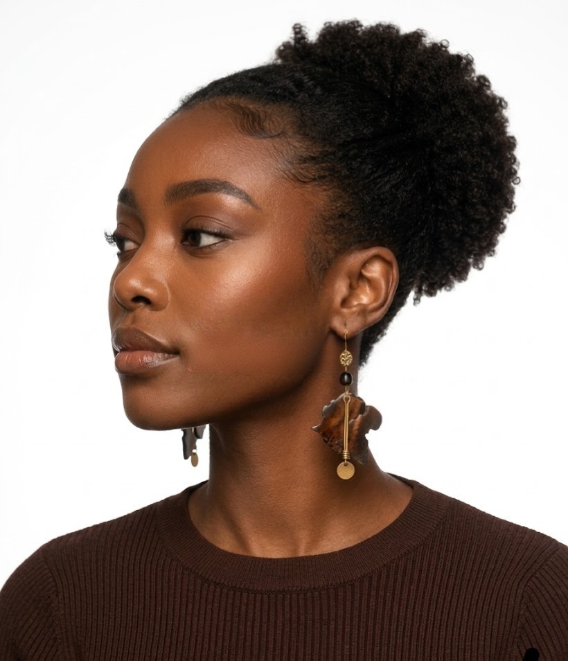 3″ Handcrafted African Bone Dangling Earrings With Bronze Spiral From Kenya