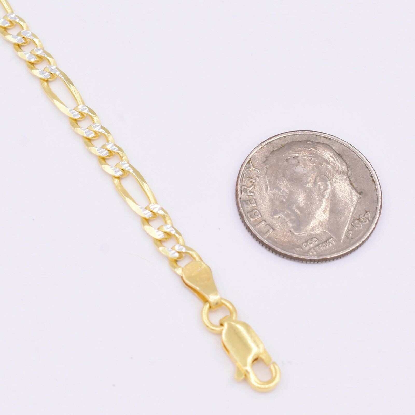 3.5mm Two-Tone Figaro Pave Link Chain Anklet 14K Yellow Gold-Plated Silver 925