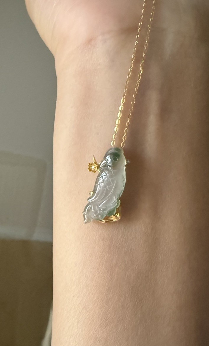 Grade A Jadeite Carved Parrot Standing Cherry blossom Jade Pendant in 18K Gold