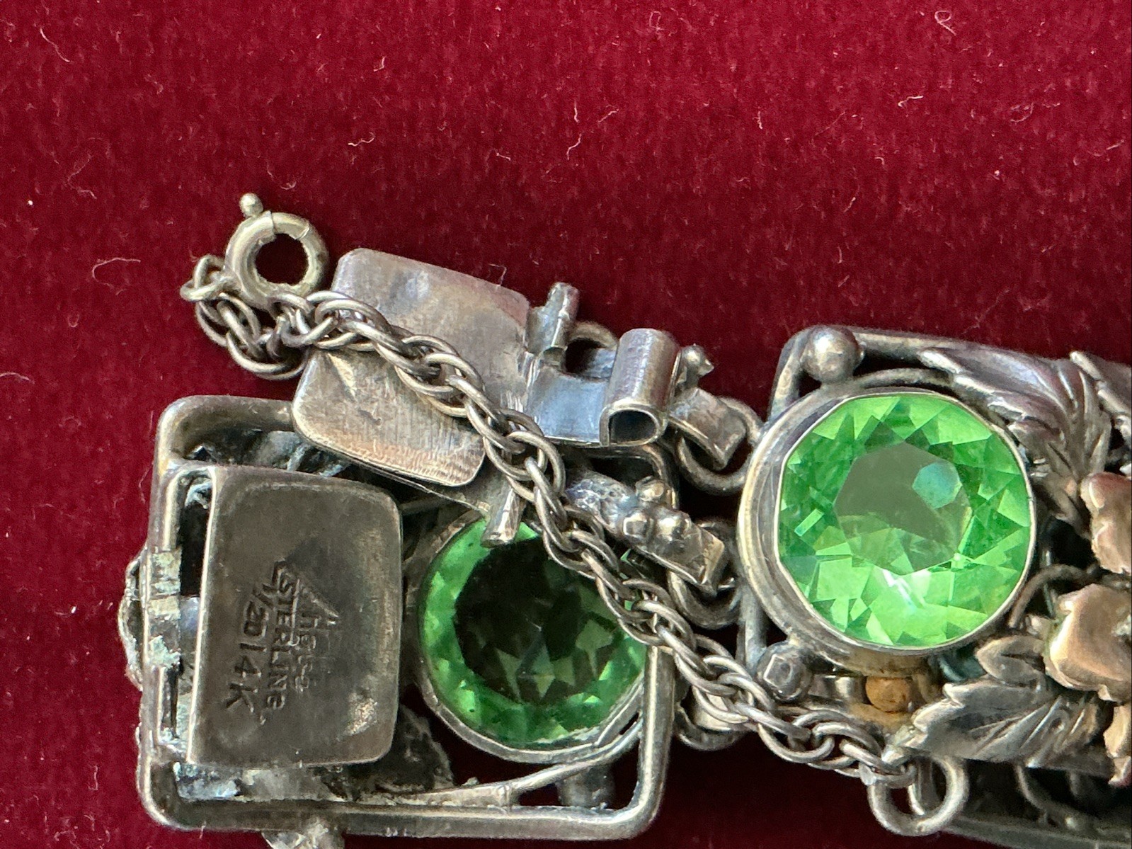 Signed Hobe 40’s Sterling Silver 1/20 14K Gold Floral Link Bracelet Green Glass