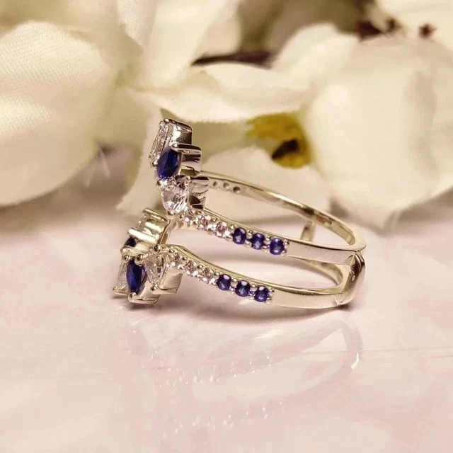 Pear Cut Lab Created Blue Sapphire Wrap Guard Band Ring 14k White Gold Plated