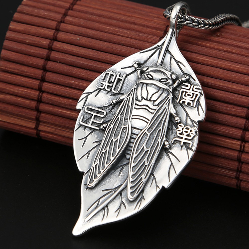 Real Real S925 Sterling Silver Men Women Cicada Leaf Pendant 26-27g 58*34mm