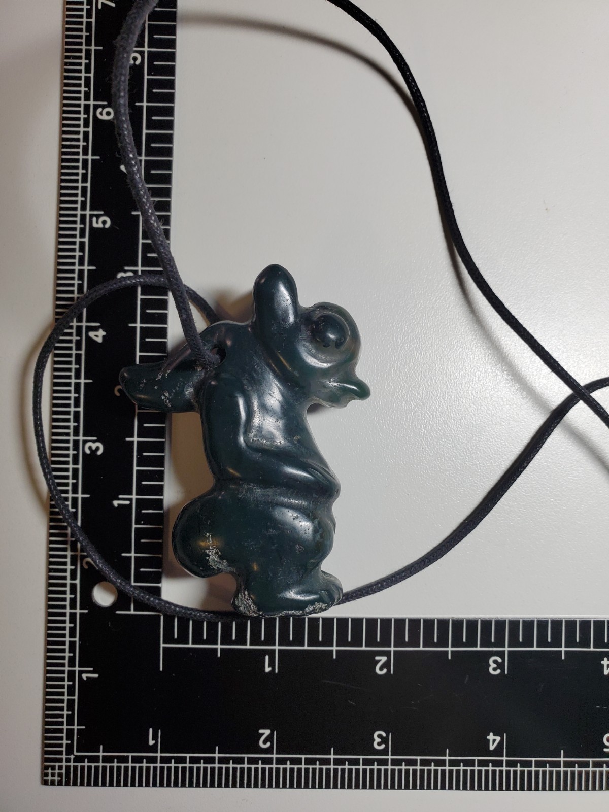 Large Dark Green Stone Winged Horns Amulet Figure Alien Necklace Strange Carving