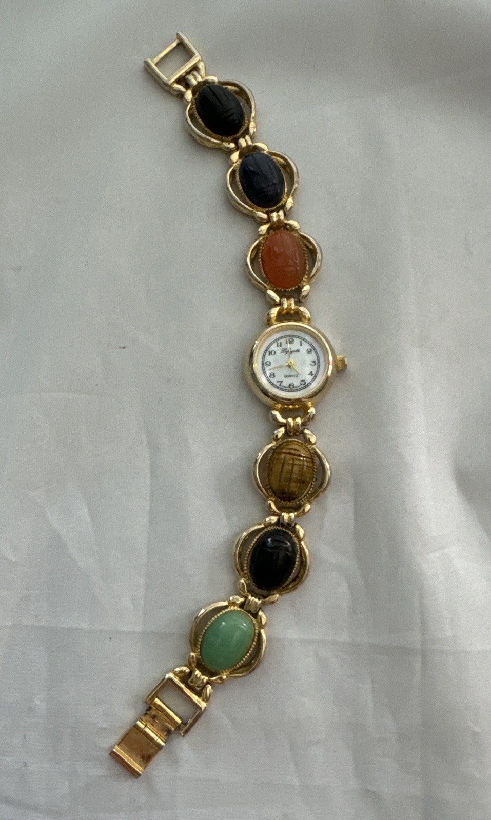 Vintage Lafayette MOP Semi-Precious Stone Egypt Scarab Beetle 22MM 7″
