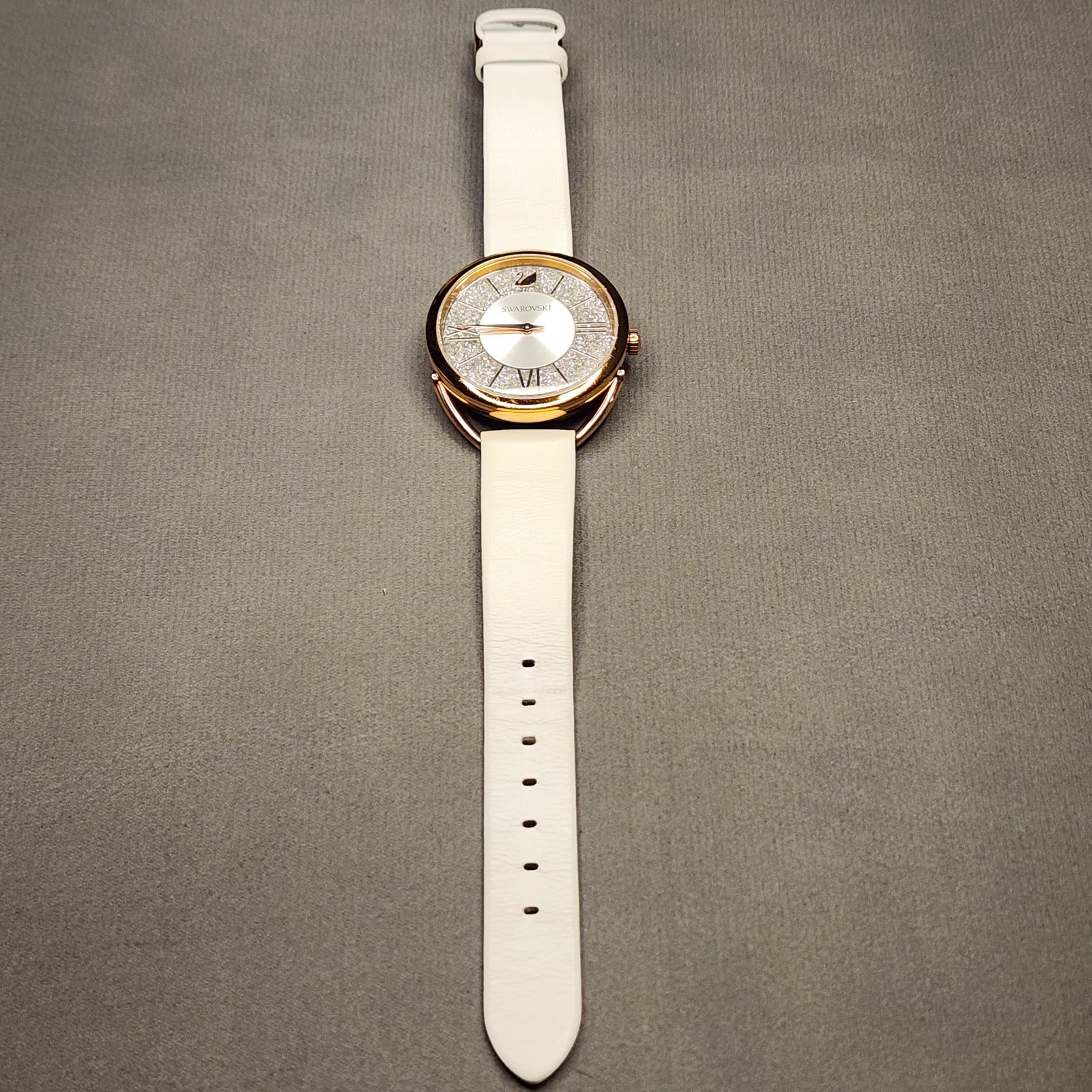 Swarovski Rose Gold Tone Crystalline Glam Watch White Strap Swiss Made
