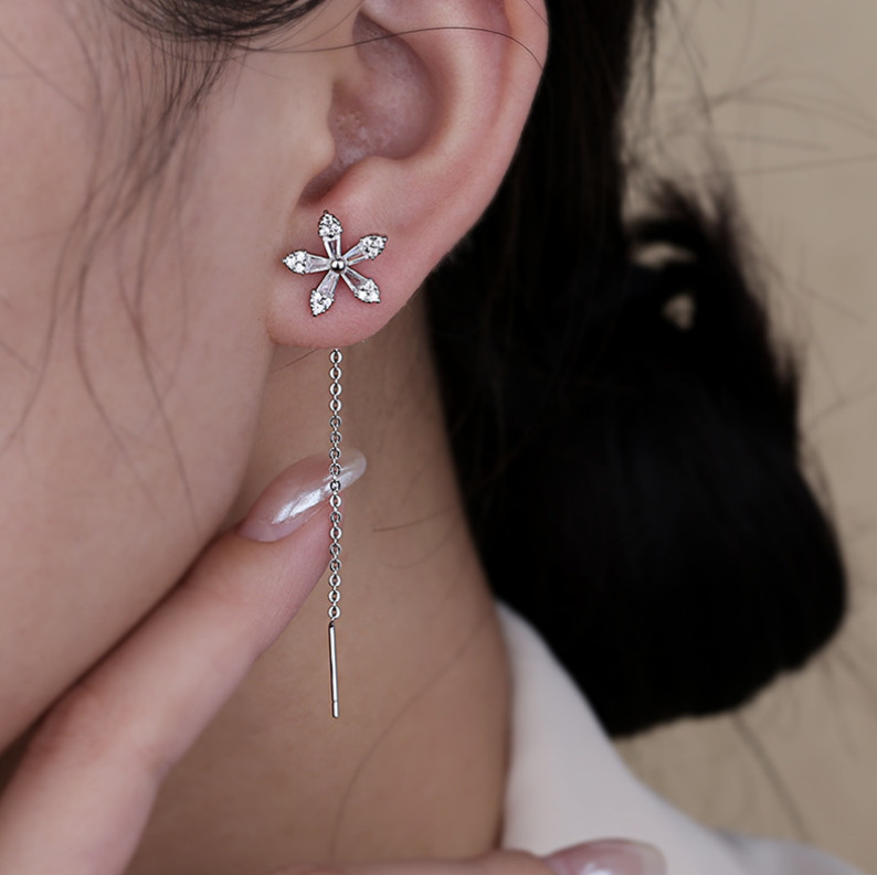 925 Silver Post/Needle Clover Flower Clear CZ Pull Through Threader Earrings G13