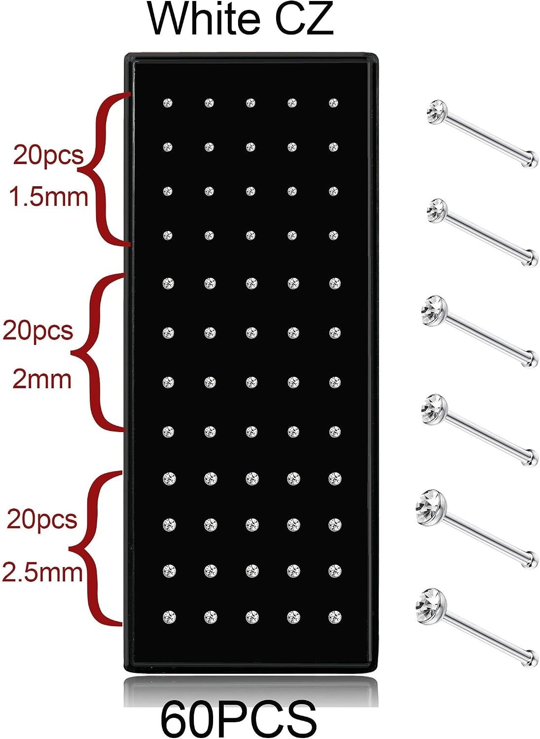 Stainless Steel Nose Studs Rings 20G 22G 1.5mm 2mm 2.5mm Pack of 60