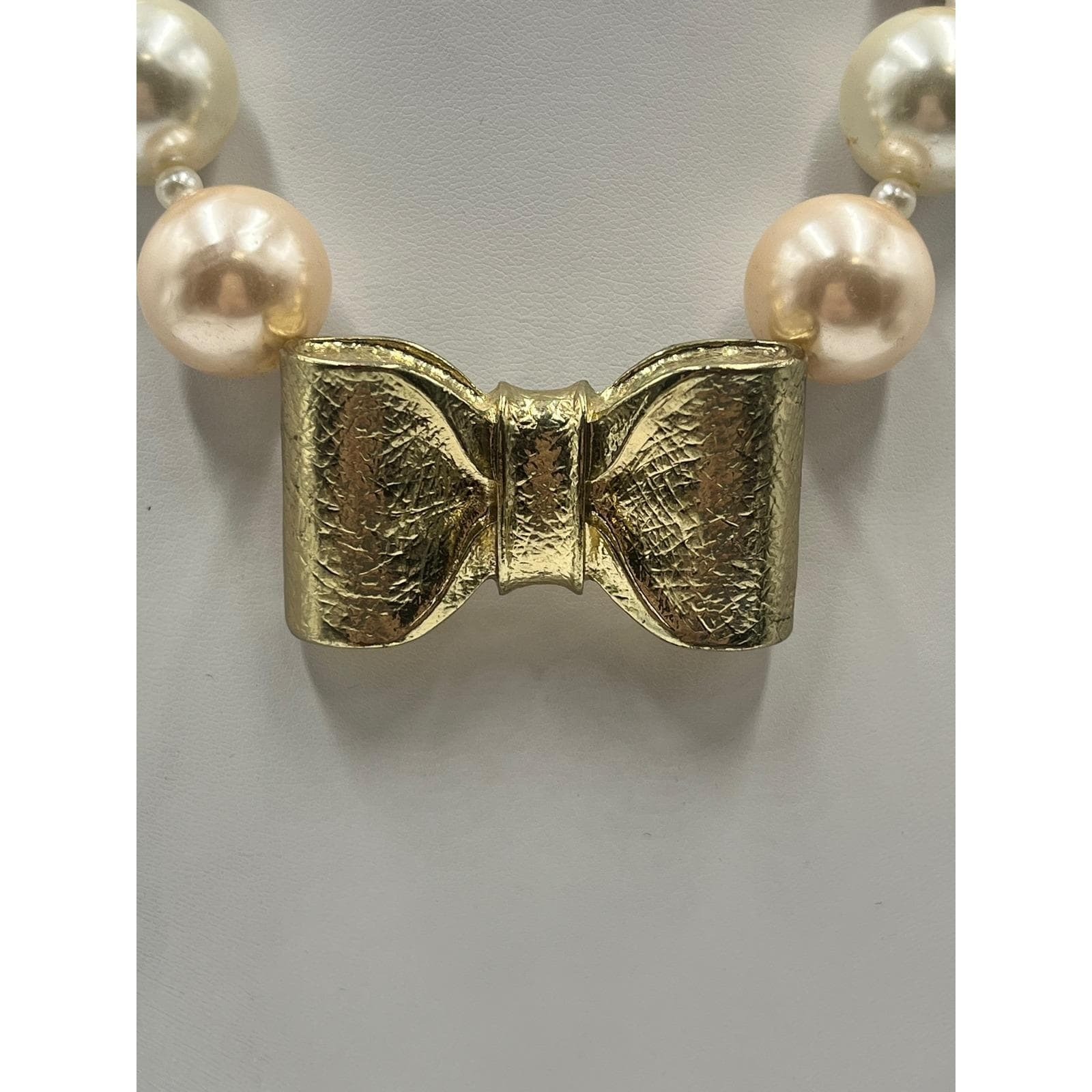 Lucia Vintage Large Faux Cream champagne Pearl Gold Tone Bow Collar Necklace