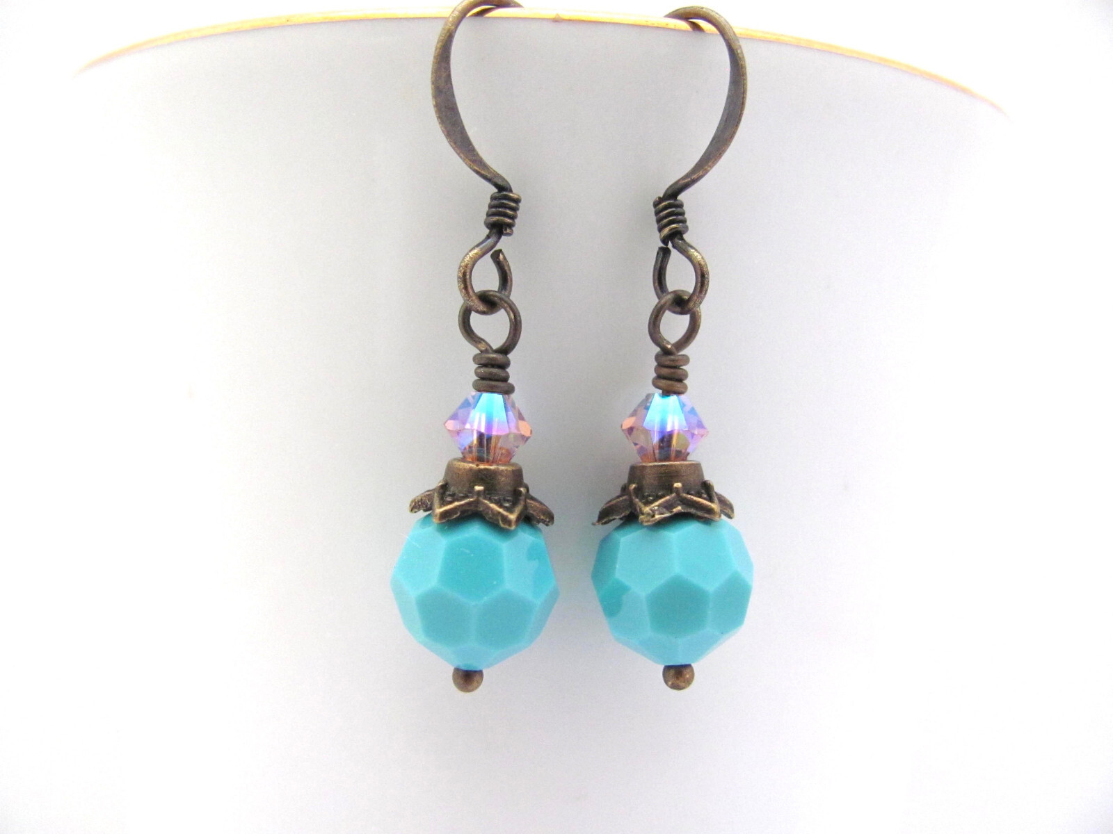 Turquoise Crystal Earrings Antiqued Brass Boho Chic Dainty Romancecore Cosplay