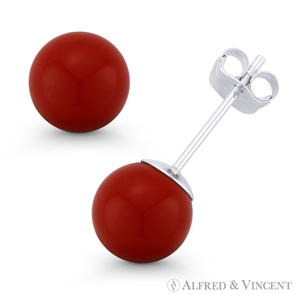 3mm to 10mm Red Coral Ball Studs Pushback Stud Earrings in 14k 14kt White Gold