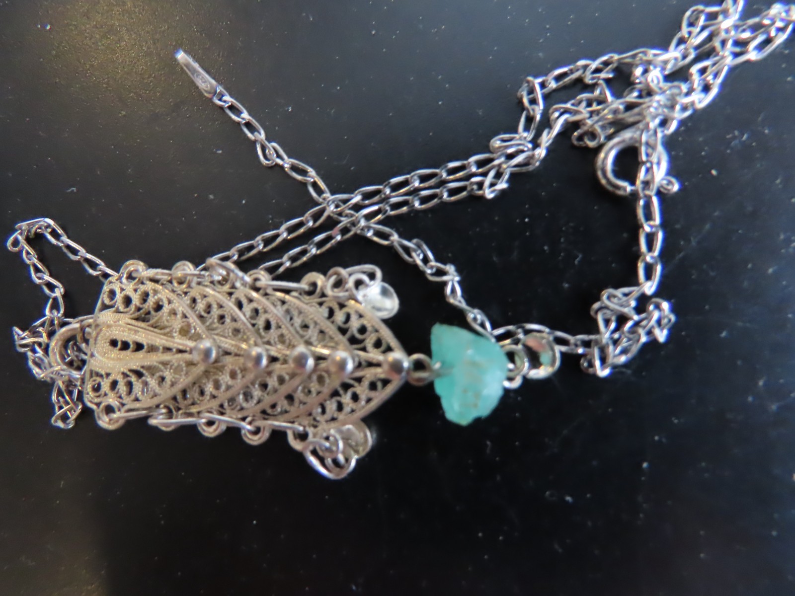 Untreated Natural Raw Colombian Emerald Filigree Silver Pendant