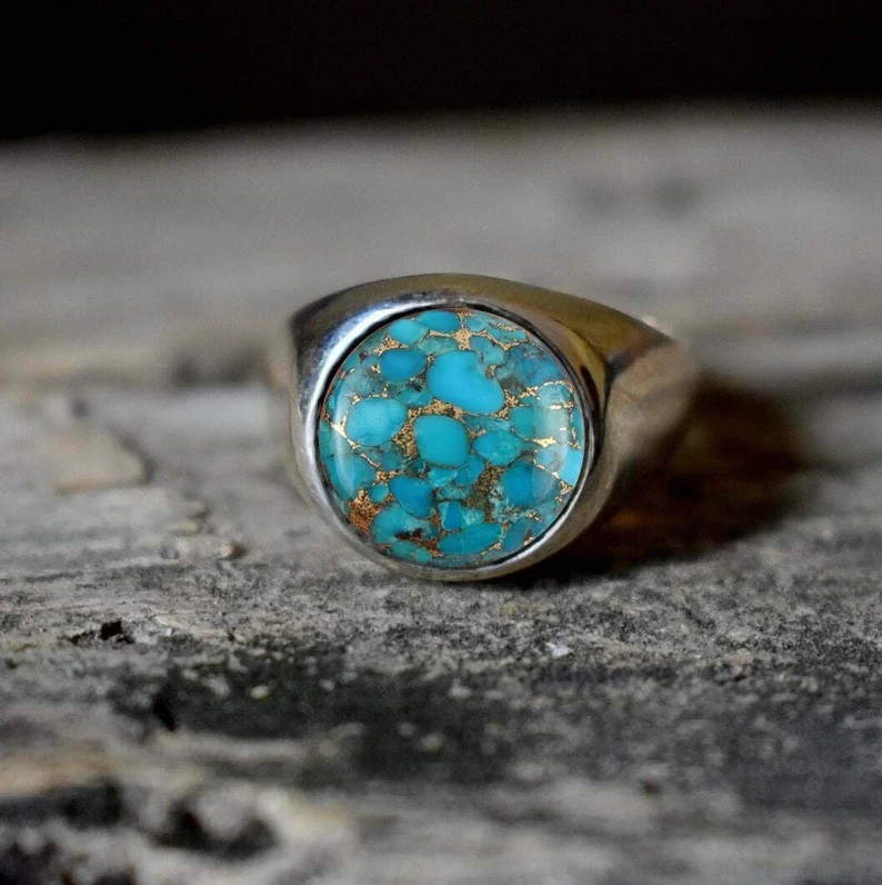 Solid 925 Sterling Silver AA Natural Copper Turquoise Gemstone Men’s Unisex Ring