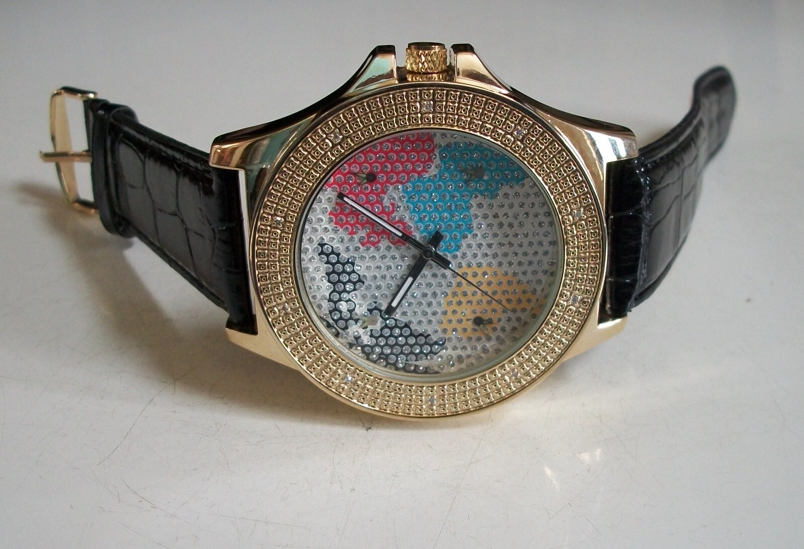 Men’s World Map Casual Gold Finish Black Leather Band Fashion Hip Hop Watch