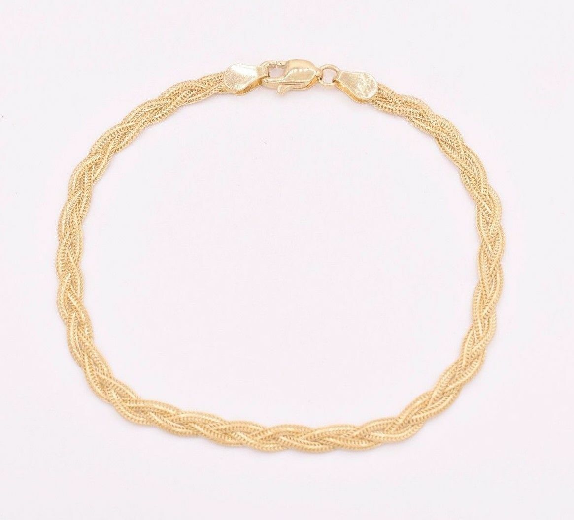 Triple Woven Braided Fox Tail Wheat Bracelet Real Solid 14K Yellow Gold 7″