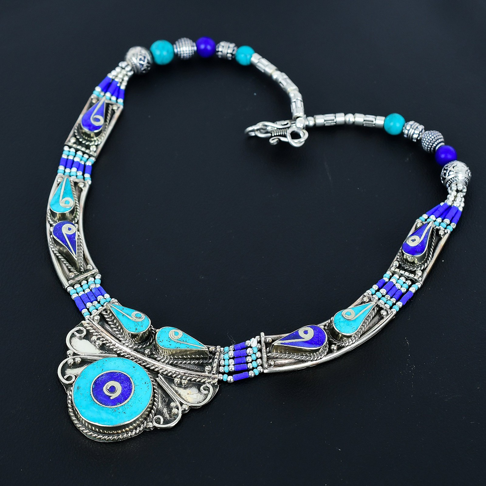 Lapis Lazuli Turquoise Ethnic 925 Sterling Silver Tibetan Nepali Necklace 18″ q6