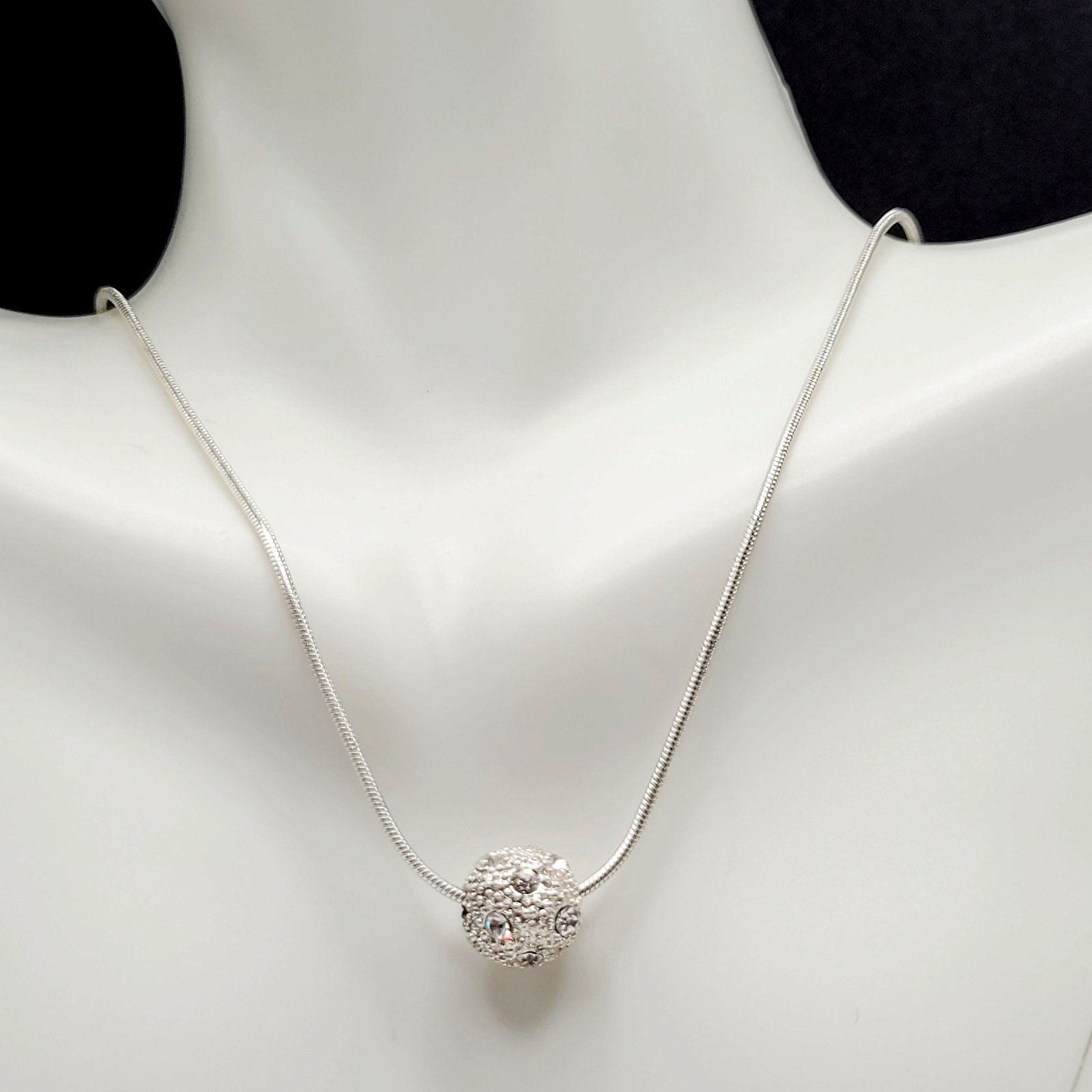 Disco Ball Glitter Sphere Feminine Elegant Style Silver Tone Pendant Necklace