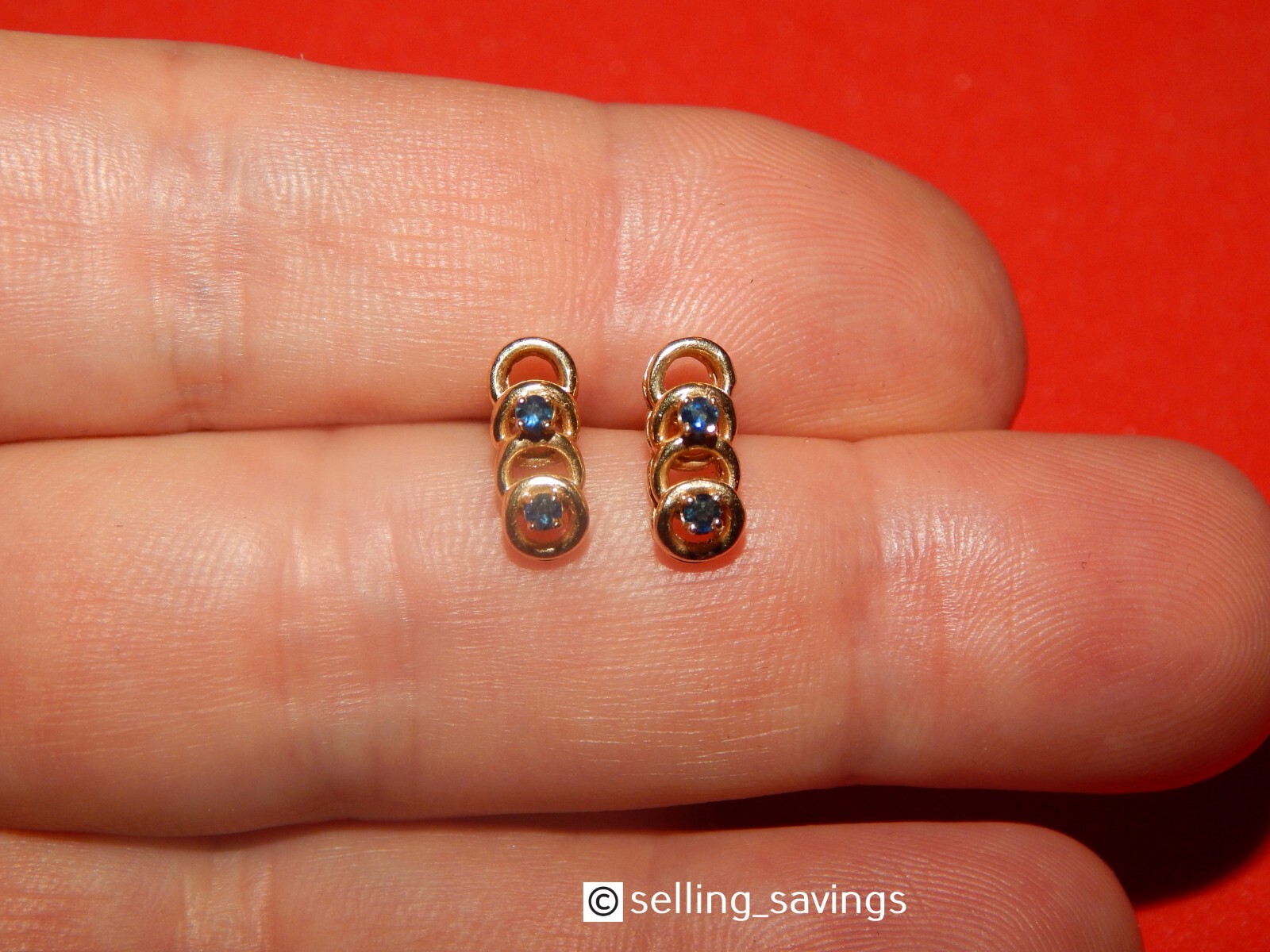 14K YELLOW GOLD SAPPHIRE OPEN CIRCLE STUD EARRINGS 1/2 INCH TALL X 1/4 INCH WIDE