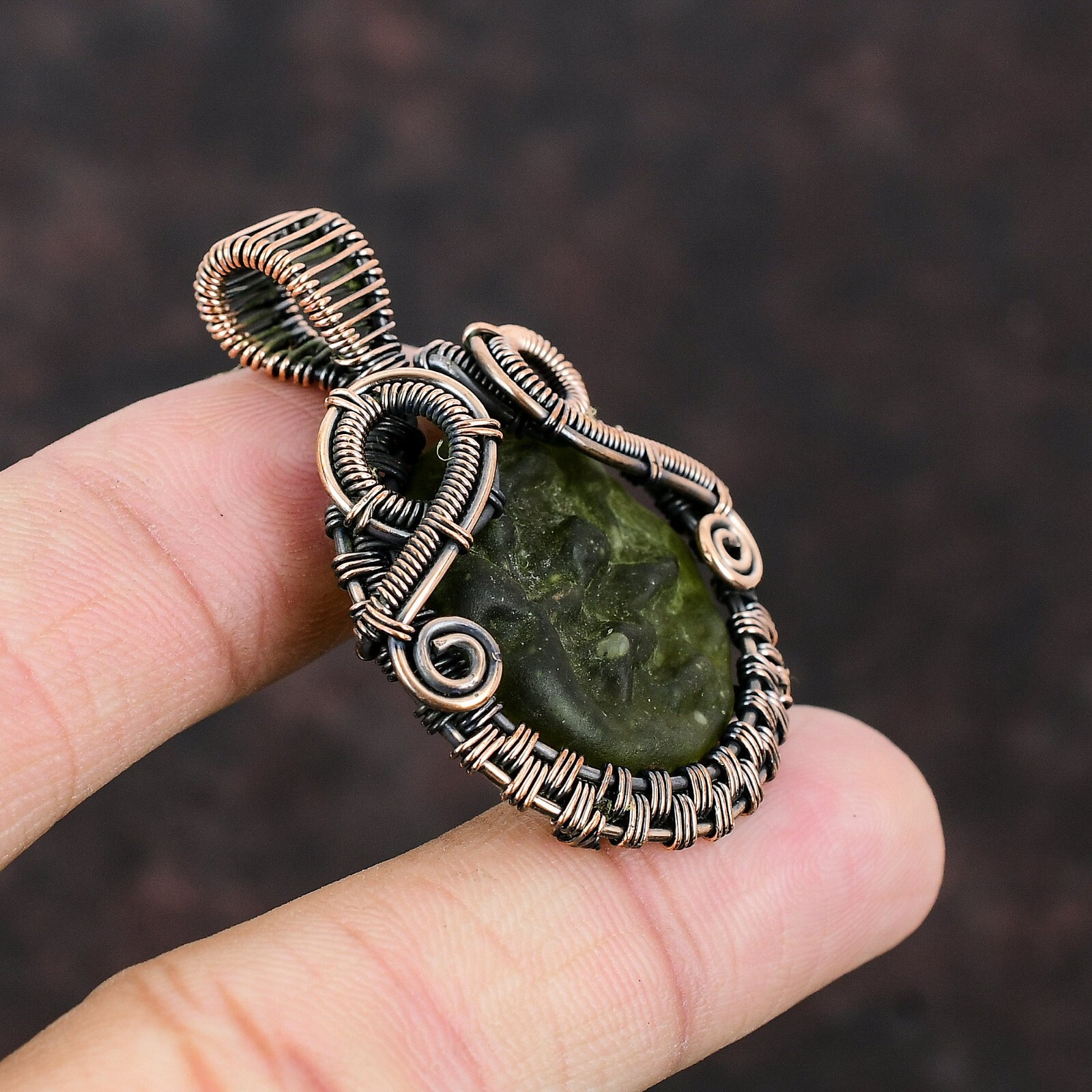 Moldavite Wire Wrapped Pendant Handcrafted Copper Birthday Gift Jewelry 1.89″