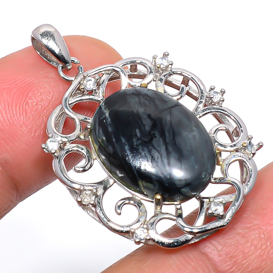 Picasso Jasper & Cz 925 Sterling 925 Silver Plated Pendant 1.4″ T64