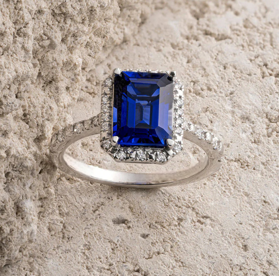 Emerald Cut 3.25 Ct Lab Created Diamond Women Ring Blue Sapphire 14K White Gold