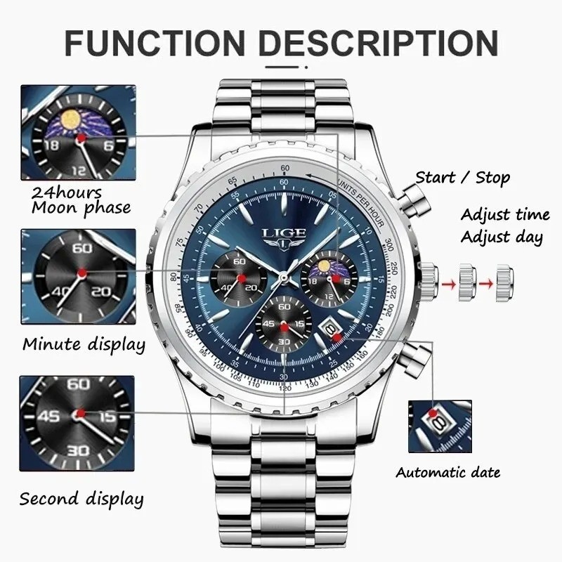 LIGE 2024 Top Brand Luxury New Men Watch Quartz Man Watches Waterproof Luminous