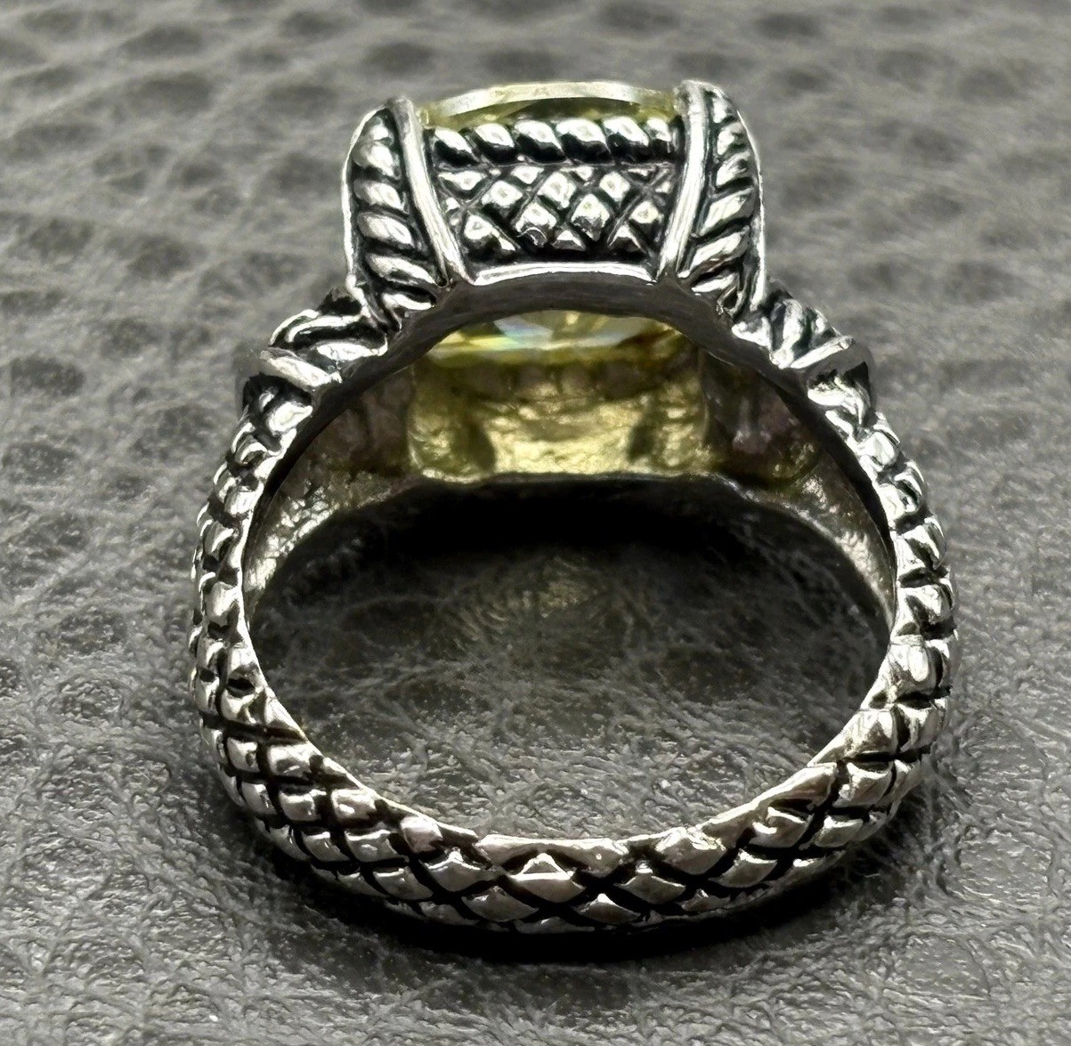 Designer Silver Tone Yellow CZ Faux Citrine Cushion Cut Ring Cable Woven Band 7