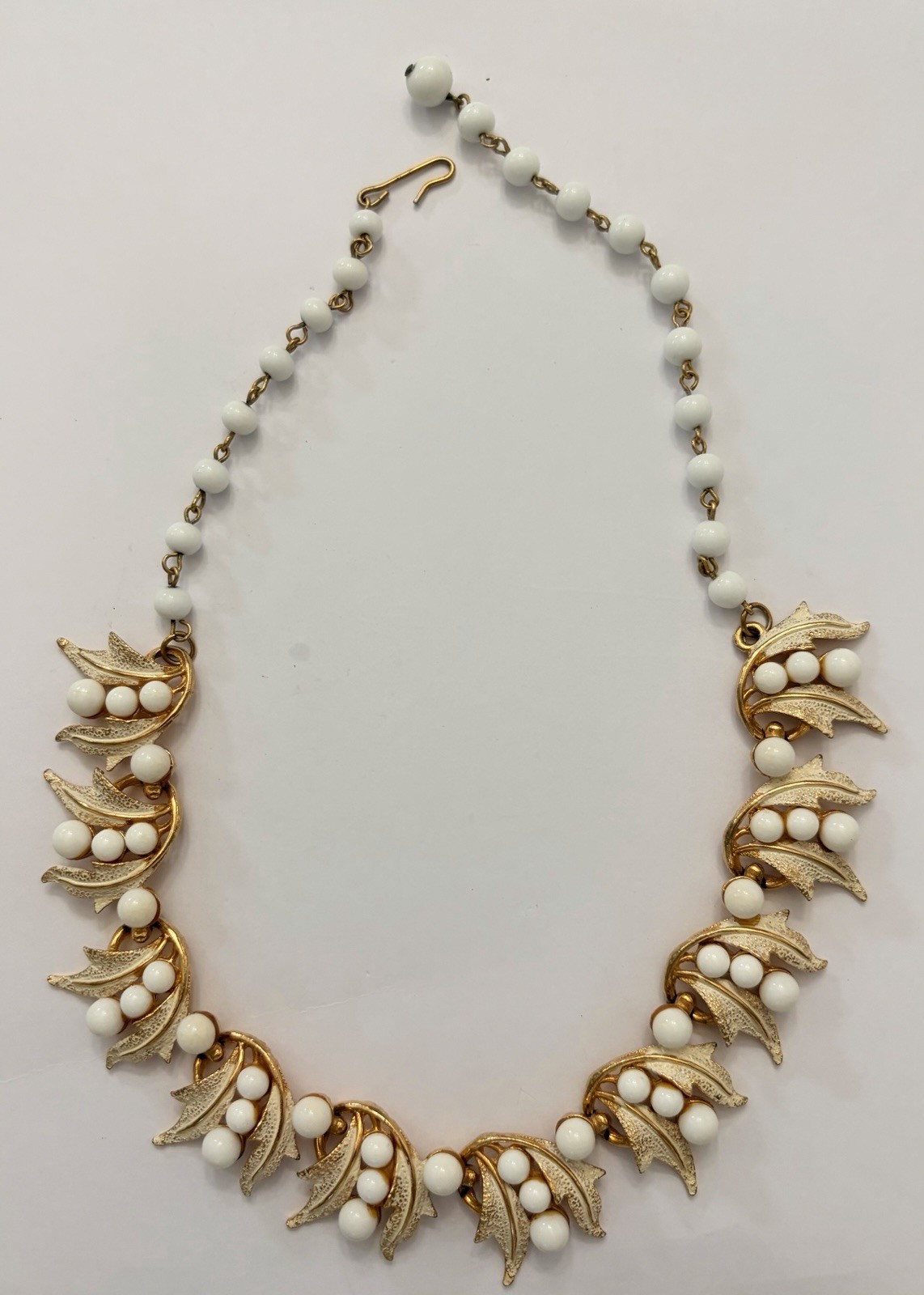 Vintage ART Signed White Milk Glass Bead Leaf Necklace Gold Tone Mid Century