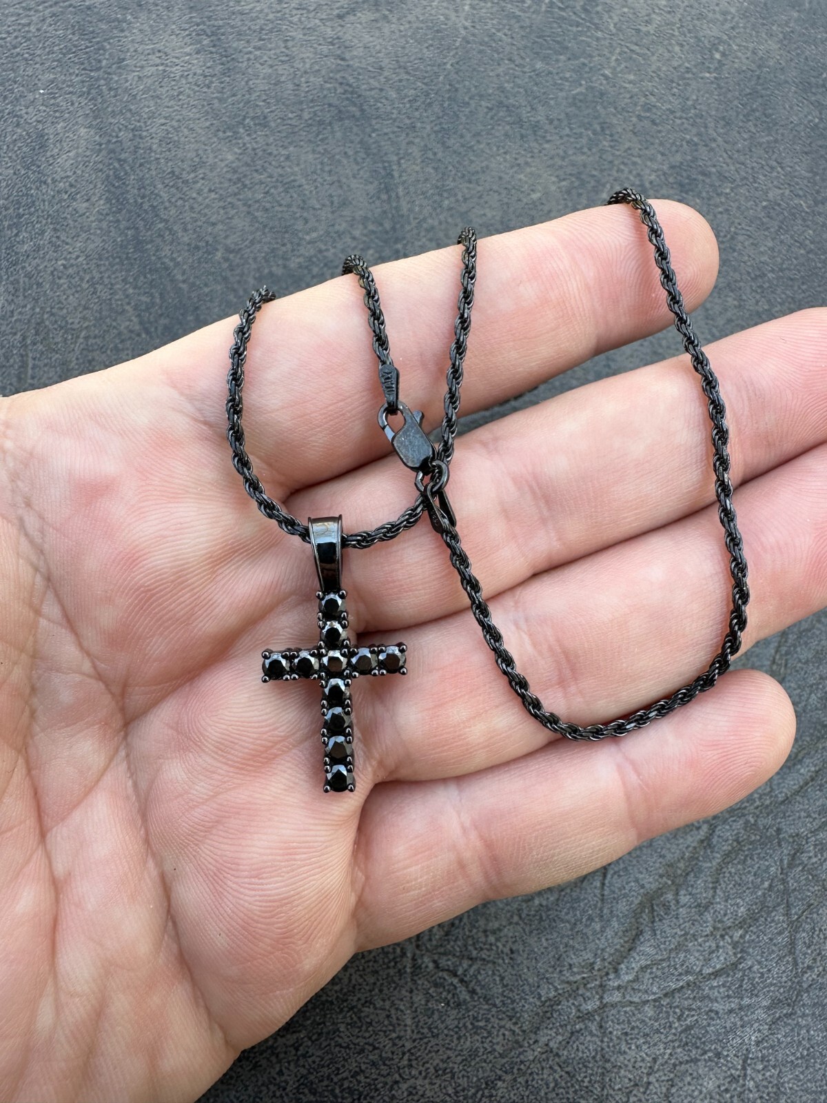 Black MOISSANITE Real Oxidized Rhodium 925 Silver Cross Iced Pendant Necklace